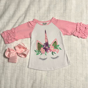 NEW Unicorn Lashes Sparkly Ruffle Party Raglan Tee T Shirt Size XS 2T Girl Pink